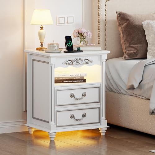 Gurexl Led Retro Nachttisch mit Ladefunktion,Smart Nachtschrank Landhausstil mit 3 Licht Dimmbar, Intelligent Sideboard mit 2 Schubladen USB Type-C Mit Schloss Schlafzimmer Weiß von Gurexl