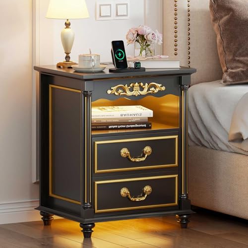 Gurexl Led Retro Nachttisch mit Ladefunktion,Smart Nachtschrank landhausstil mit 3 Licht Dimmbar, Intelligent Sideboard mit 2 Schubladen USB Type-C Mit Schloss Schlafzimmer Schwarz von Gurexl
