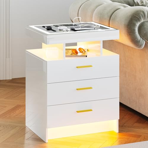 Gurexl Nachttisch Schlafzimmer,Side Table mit Kabellosem Laden und Sensoren,Schubladenschrank mit 24-Farbigen RGB-Lichtern,Hochglanz Nachttisch mit Glasplatte,3 Schubladen 1 Offenes Fach,Weiß Gurexl Nachttisch Schlafzimmer,Side Table mit Kabellosem Laden und Sensoren,Schubladenschrank mit 24-Farbigen RGB-Lichtern,Hochglanz Nachttisch mit Glasplatte,3 Schubladen 1 Offenes Fach,Weiß von Gurexl