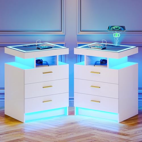 Gurexl Nachttisch Schlafzimmer 2er Set,Side Table mit Kabellosem Laden und Sensoren,Kommode mit 24-Farbigen RGB-Lichtern,Hochglanz Nachttisch mit Glasplatte,3 Schubladen 1 Offenes Fach,Weiß Gurexl Nachttisch Schlafzimmer 2er Set,Side Table mit Kabellosem Laden und Sensoren,Kommode mit 24-Farbigen RGB-Lichtern,Hochglanz Nachttisch mit Glasplatte,3 Schubladen 1 Offenes Fach,Weiß von Gurexl