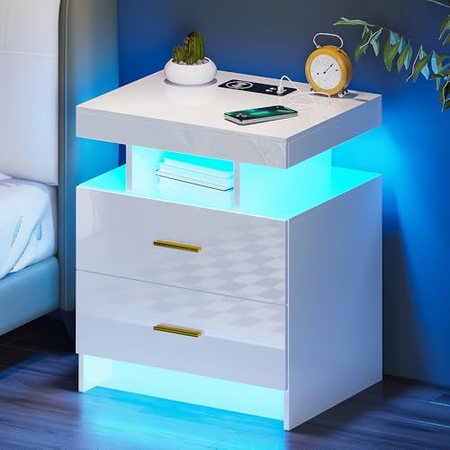 Gurexl Nachttisch mit LED Ladefunktion, Smart Nachtschrank Weiss mit 24 Licht Dimmbar, Hochglanz Modern Sideboard mit 2 Schubladen USB Type-C Schlafzimmer Weiß Gurexl Nachttisch mit LED Ladefunktion, Smart Nachtschrank Weiss mit 24 Licht Dimmbar, Hochglanz Modern Sideboard mit 2 Schubladen USB Type-C Schlafzimmer Weiß von Gurexl
