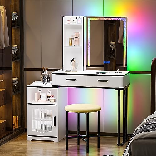 Gurexl Schminktisch mit Beleuchtung, RGB LED Schminktisch mit Spiegel Hocker 2 Schubladen 5 Ablage, Haartrocknerständer USB Type-C Weiß von Gurexl