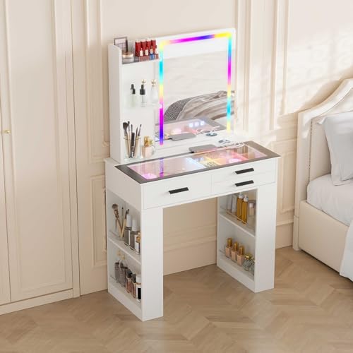 Gurexl Schminktisch mit Spiegel, RGB LED Schminktisch Beleuchtung Schubladen Glasplatte 3 Schubladen Frisiertisch für Schlafzimmer Wohnzimmer Weiß von Gurexl