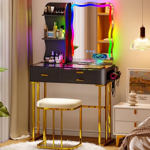 Gurexl Schminktisch mit Spiegel, RGB LED Schminktisch mit Hocker Beleuchtung Schubladen Glasplatte 3 Schubladen Lippenstiftständer, Haartrocknerständer Frisiertisch für Schlafzimmer Wohnzimmer Schwarz von Gurexl