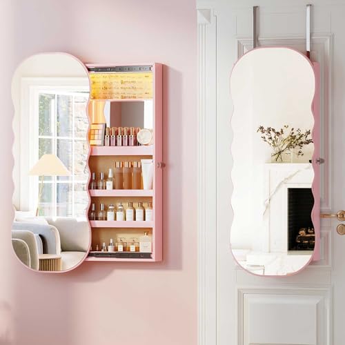 Gurexl Schmuckschrank mit Spiegel, Schmuckschrank Hängend LED Spiegelschrank Abschließbarer Wandspiegel zum Aufhängen der Wand Großer Stauraum für Schlafzimmer Rosa von Gurexl