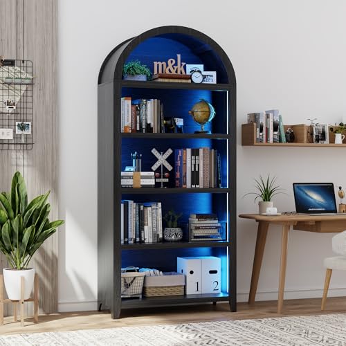 Gurexl Smart Bücherregal mit LED Beleuchtung und Menschlicher Sensor für Wohnzimmer Schwarz,175 cm Gewölbte Vitrine mit 5 Ebenen Stauraum für Arbeitszimmer,Esszimmer,Schlafzimmer, Persönliches Büro von Gurexl