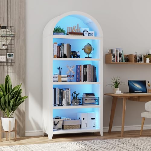 Gurexl Smart Bücherregal mit LED Beleuchtung und Menschlicher Sensor für Wohnzimmer weiß,175 cm Gewölbte Vitrine mit 5 Ebenen Stauraum für Arbeitszimmer,Esszimmer,Schlafzimmer, Persönliches Büro von Gurexl