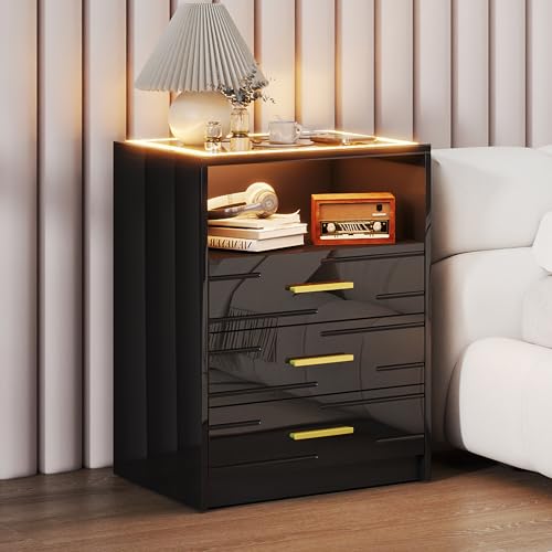Gurexl Smart Nachttisch,Modern Nachtschrank mit ladestation,Beistelltisch mit 24 farbigen RGB Lichtern,Bedside Table mit Glasplatte,1 offene Fächer,Hochglanz,für Schlafzimmer,Schwarz von Gurexl