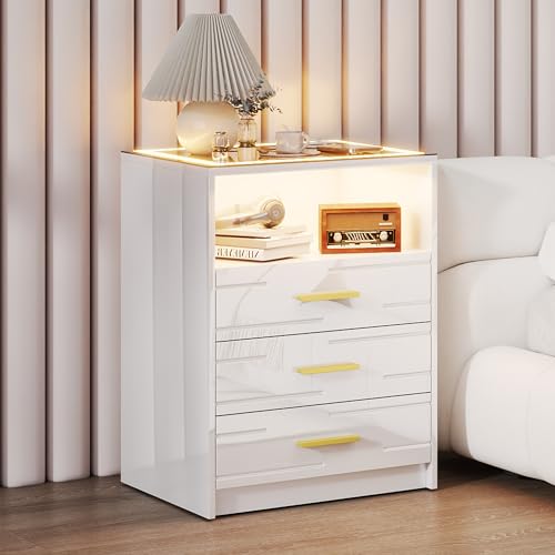 Gurexl Smart Nachttisch,Modern Nachtschrank mit ladestation,Beistelltisch mit 24 farbigen RGB Lichtern,Bedside Table mit Glasplatte,1 offene Fächer,Hochglanz,für Schlafzimmer,weiß von Gurexl