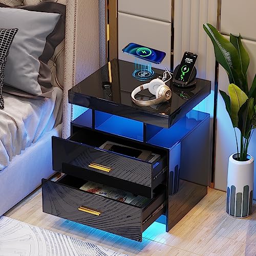 Gurexl Smart Nachttisch,Beistelltisch mit Ladefunktion und LED,schubladenschrank mit 24-farbigen RGB-Lichtern,kommode mit Glasplatte,Nachtkommode mit 1 offene Fächer, für Schlafzimmer，Schwarz von Gurexl