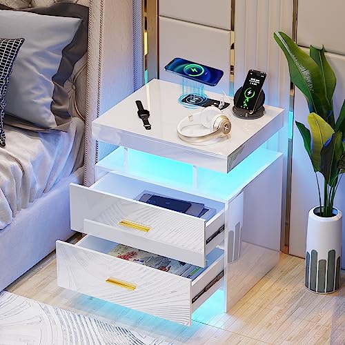 Gurexl Smart Nachttisch,Beistelltisch mit Ladefunktion und LED,schubladenschrank mit 24-farbigen RGB-Lichtern,kommode mit Glasplatte,Nachtkommode mit 1 offene Fächer, für Schlafzimmer，weiß von Gurexl