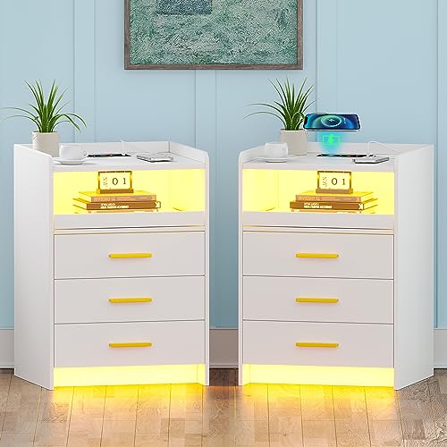 Gurexl Smart Nachttisch，Led schubladenschrank 2er Set mit USB Ladefunktion & Kabelloses Laden，dimmbarer Beistelltisch mit 24 RGB Farben und Sensor für den menschlichen Körper，für Schlafzimmer，Weiß von Gurexl
