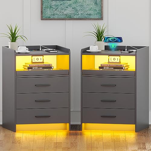 Gurexl Smart Nachttisch，Led schubladenschrank 2er Set mit USB Ladefunktion & Kabelloses Laden，Beistelltisch mit 1 offene Fächer & 3 Schubladen，Nachtschrank mit Rutschschutz, für Schlafzimmer，Grau von Gurexl