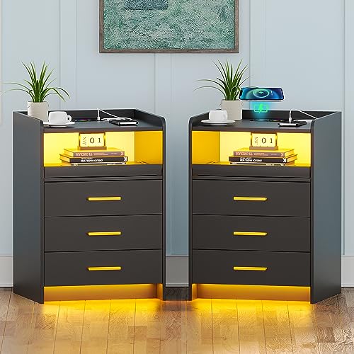 Gurexl Smart Nachttisch，Led schubladenschrank 2er Set mit USB Ladefunktion & Kabelloses Laden，dimmbarer Beistelltisch mit 24 RGB Farben und Sensor für den menschlichen Körper，für Schlafzimmer，Schwarz von Gurexl