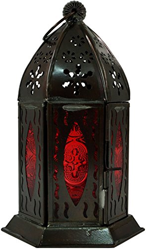 GURU SHOP Orientalische Metall/Glas Laterne in Marrokanischem Design, Windlicht ., Rot, Farbe: Rot, 18x10x10 cm, Orientalische Laternen von GURU SHOP