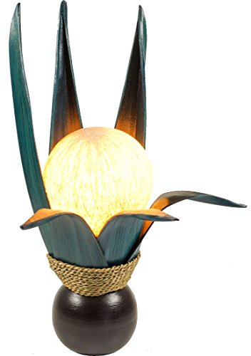 GURU SHOP Palmenblatt Lotus Tischlampe/Tischleuchte, in Bali Handgemacht aus Naturmaterial, Palmholz - Modell Palmera 8 Petrol, Palmblätter, 47x26x26 cm, Tischlampen aus Naturmaterialien von GURU SHOP