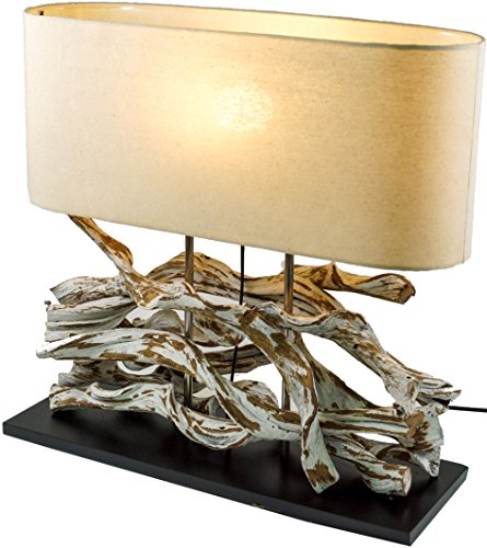 GURU SHOP Tischlampe/Tischleuchte, Handgefertigtes Unikat aus Naturmaterial, Holz, Baumwolle - Modell Marimbula, 46x50x16 cm, Tischlampen aus Naturmaterialien von GURU SHOP