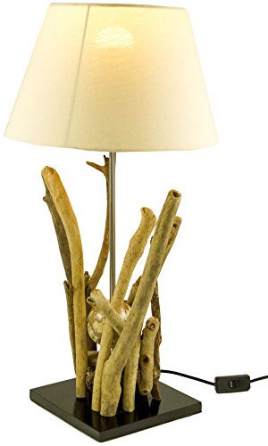 GURU SHOP Tischleuchte/Tischlampe, in Bali Handgemachtes Unikat aus Naturmaterial, Treibholz, Baumwolle - Modell Bromea, Baumwollstoff, 65x35x35 cm, Tischlampen aus Naturmaterialien von GURU SHOP