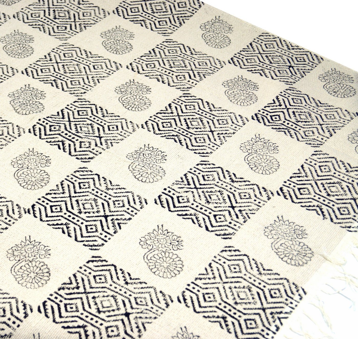 Teppich Handgewebter Blockdruck Teppich aus natur.., Guru-Shop, Höhe: 110 mm von Guru-Shop