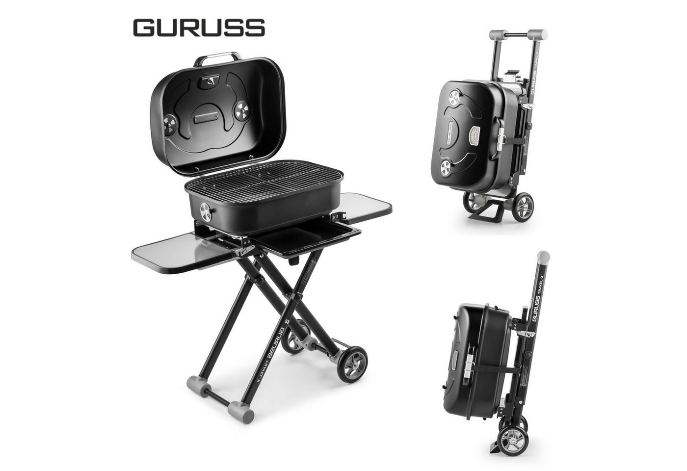 Guruss Holzkohlegrill Grillwagen Tragbarer Holzgrill Klappbare Seitentische Edelstahl, Transportfähige Rollen, Höhenverstellbar (3 stufen), 37 x 93 x 41 cm von Guruss