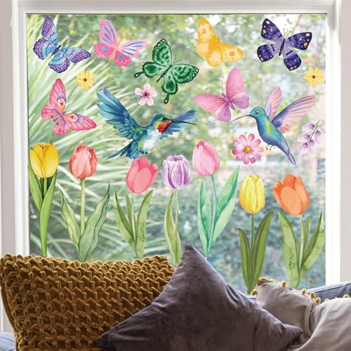 Fensterbilder Frühling Fensterdeko 8 Blätter Fenstersticker Fensterbilder Selbstklebend Fensteraufkleber Fenstertattoo Fensterbilder Blumen Vogel Schmetterling Fensterbilder für Kinderzimmer von Gurxi