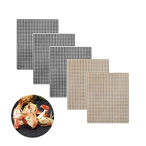 Gurxi 5 Stück Braun und schwarz Grillmatte grillgitter Set, Anti Haft Gitter Grillmatte Beschichtet Wiederverwendbar BBQ Grillmatten Backzubehör zum Grillen von Gasgrill, Backofen, Kochen, 40 x 33 cm von Gurxi