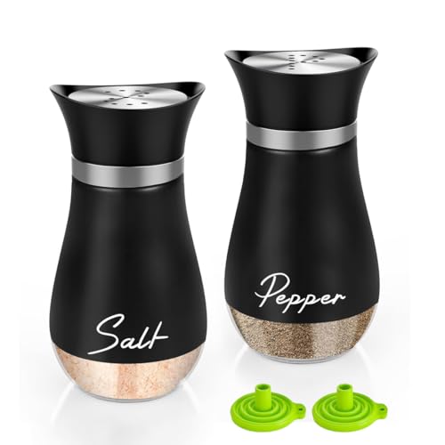 Salz und Pfefferstreuer Salzstreuer Glas Klein Salt Shaker 2 Stück 120ml Glasboden Edelstahldeckel Pfeffer und Salzstreuer Set mit Trichter Küchenzubehör für Küche BBQ Wohnmobil Schwarz von Gurxi