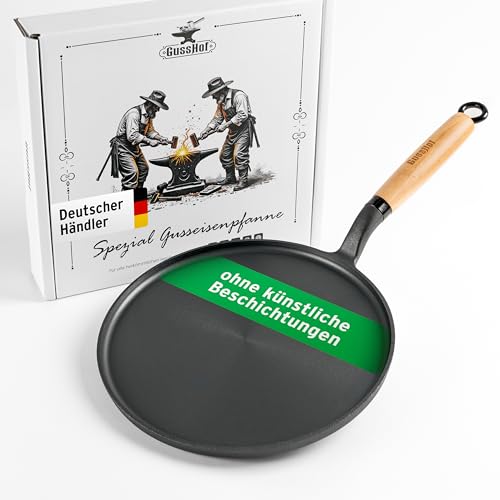 GussHof® Gusseisen Crepes Pfanne 26cm – Crepes Maker kompatibel mit allen Herdarten, Präzisionsoberfläche, langlebig, abnehmbarer Buchenholzgriff von GussHof