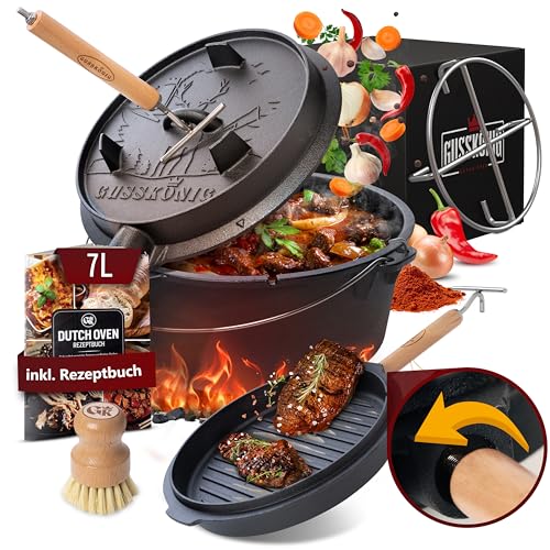 GUSSKÖNIG Dutch Oven Set - Eingebrannter Dutch Oven 7 Liter - Feuertopf Gusseisen ohne Füßen - Schmortopf Doppelfunktion - inkl. 2in1 Deckelheber, Bürste & DutchOven Rezeptbuch [für 3-6 Personen] von Gusskönig