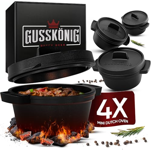 GUSSKÖNIG Dutch Oven Set Mini - 4x 300ml Gusseisen Mini Topf mit Deckel - bereits eingebrannter Mini Dutch Oven - Mini Cocotte Gusseisen Servierpfännchen von Gusskönig