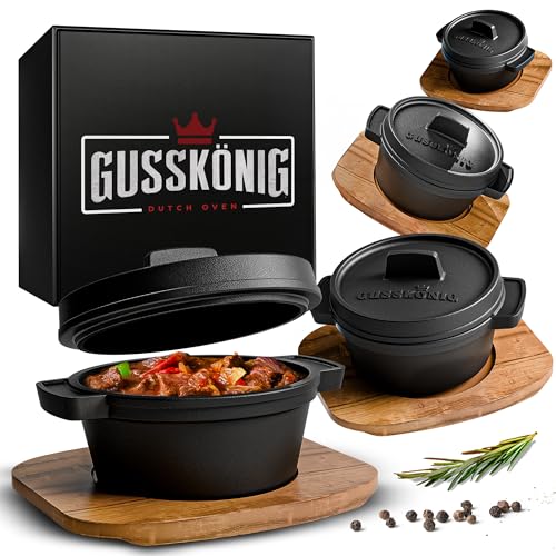GUSSKÖNIG Dutch Oven Set Mini mit Holz-Untersetzer - 4x 300ml Gusseisen Mini Topf mit Deckel - eingebrannter Mini Dutch Oven - Mini Cocotte Gusseisen Servierpfännchen von Gusskönig