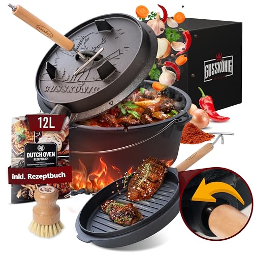 GUSSKÖNIG DutchOven Set - Eingebrannter Dutch Oven 12 Liter - Feuertopf Gusseisen mit Füßen - Schmortopf Doppelfunktion - inkl. 2in1 Deckelheber, Bürste & Dutch Oven Rezeptbuch [für 8-10 Personen] von Gusskönig