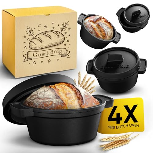 GUSSKÖNIG Mini Gusseisen Brotbackform Set – 4x 300ml Brotbacktopf mit Deckel – Eingebrannte Mini Dutch Oven zum Brotbacken – Kleine Gusseisentöpfe für Mini-Brote inkl. Rezeptbuch von Gusskönig