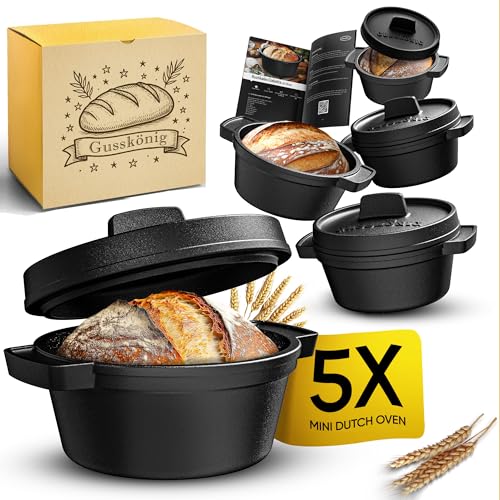GUSSKÖNIG Mini Gusseisen Brotbackform Set – 5x 300ml Brotbacktopf mit Deckel – Eingebrannte Mini Dutch Oven zum Brotbacken – Kleine Gusseisentöpfe für Mini-Brote inkl. Rezeptbuch von Gusskönig