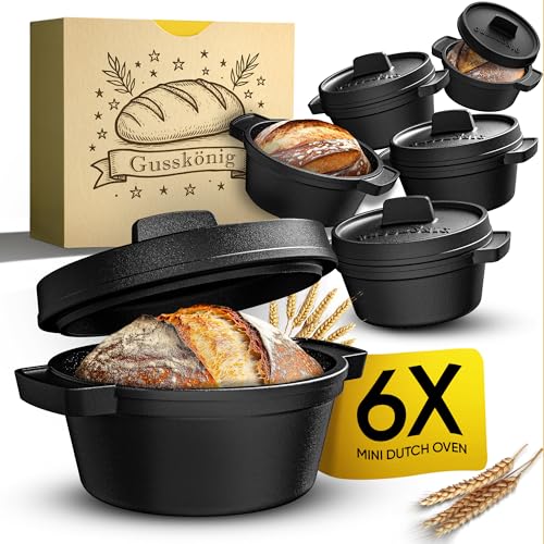 GUSSKÖNIG Mini Gusseisen Brotbackform Set – 6x 300ml Brotbacktopf mit Deckel – Eingebrannte Mini Dutch Oven zum Brotbacken – Kleine Gusseisentöpfe für Mini-Brote inkl. Rezeptbuch von Gusskönig