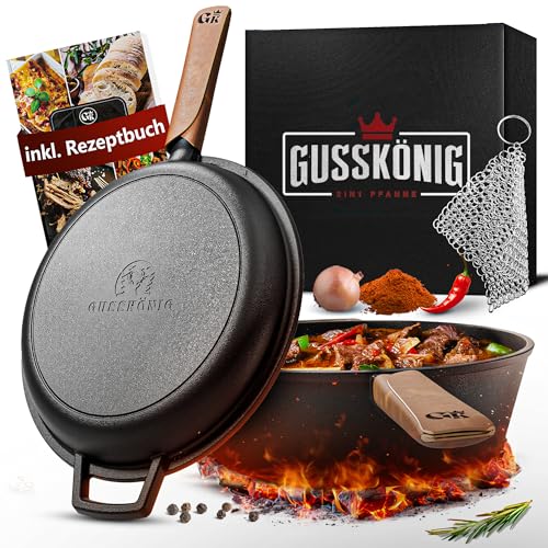 Susani Dutch Oven - 2in1 Eingebrannter Gusseisen Topf 3L & Gusspfanne 1,5L - Cast Iron Pot mit Schmortopf Doppelfunktion- inkl. Kochbuch & Zubehör für BBQ, Camping & Küche von Gusskönig