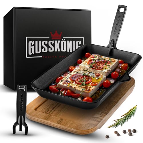 Gusskönig Fajita-Pfanne aus Gusseiseninkl. Soßenschale & Servierbrett aus Akazienholz - Gusseisen Grillpfanne mit abnhembaren Griff - eingebrannter Grillpfanne Gusseisen von Gusskönig