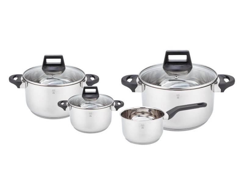 Gustav Voss Topf-Set Kochtopfset Edelstahl Kochtopf Induktionskochtopf, Edelstahl (Topfset, 7-tlg., 1 Stielkochtopf + 3 Kochtöpfe mit Glasdeckel), Induktion spülmaschinengeeignet Literskala von Gustav Voss