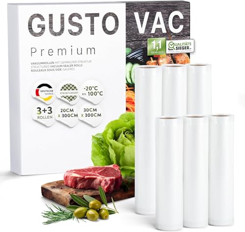 GustoVac Premium 6 Vakuumrollen, 3 Rollen 20x300cm & 3 Rollen 30x300cm Profi- Vakuumierbeutel für Vakuumierer, Vakuumierfolie, Kochfest & Sous Vide Gefrierbeutel, Lebensmittel Vakuumiergerät, BPA FREI von GustoVac