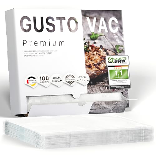 GustoVac Premium Vakuumbeutel, 100 Stk. 30x40cm Profi- Folienbeutel, Vakuumierbeutel für Vakuumierer, Kochfest & Sous Vide Gefrierbeutel, Lebensmittel Vakuumiergerät, Made in Netherlands, BPA-frei von GustoVac