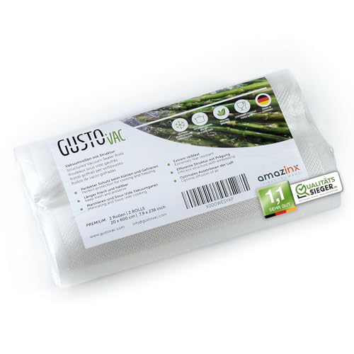 GustoVac Premium Vakuumrollen, 2 Rollen 20x600cm, Vakuumierfolie, Profi- Vakuumierbeutel für Vakuumierer, Kochfest & Sous Vide Gefrierbeutel, Lebensmittel Vakuumiergerät beutel, BPA-frei von GustoVac