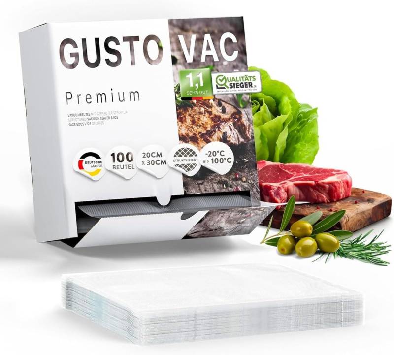 GustoVac Vakuumierbeutel doppelt geprägte Struktur 100 St., Fleisch Fisch Wurst Gemüse einfrieren Kühlschrank Essen konservieren von GustoVac