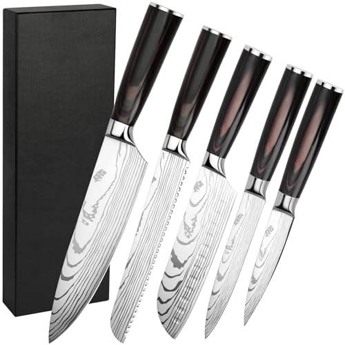 Gustrug Messerset 5-tlg Küchenmesser Set aus Hochwertigem Edelstahl, Ergonomischen Griff, Profi Messer Set mit Kochmesser, Brotmesser, Santoku Messer, Allzweckmesser, Gemüsemesser-Geschenkbox von Gustrug