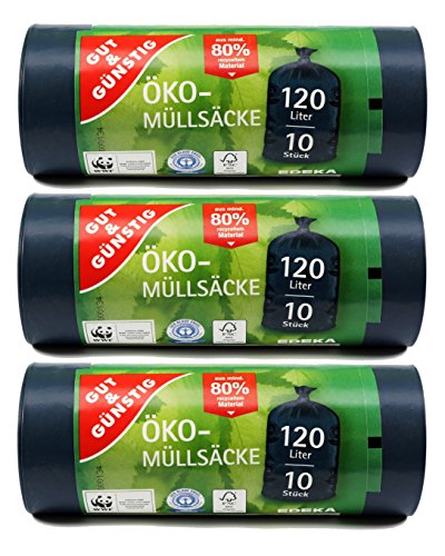 30 Öko Müllsäcke - 120 Liter - Besonders Reißfest & Flüssigkeitsdicht - "Blauer Engel" Zertifikat (3er Pack) von Gut & Günstig