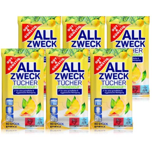 Gut & Günstig Feuchte Reinigungstücher in Spenderverpackung 480 Stück - 6er Pack für die gründliche & hygienische Reinigung (Inhalt 6 x 80 Stück) von Gut & Günstig