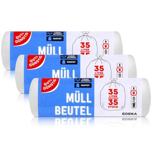 Gut & Günstig Müllbeutel 35L (35 Stück) - 3er Pack - Reißfest & Flüssigkeitsdicht - (3 x 35 Stück) von Gut & Günstig