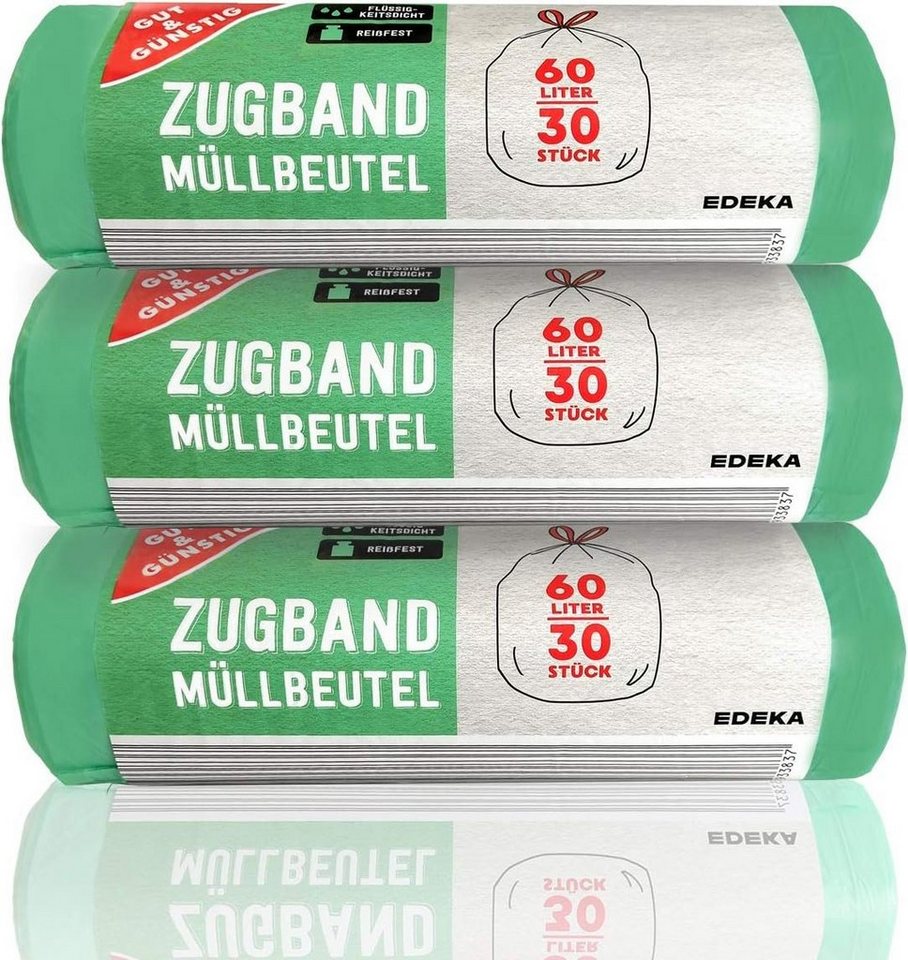 Gut & Günstig Müllbeutel Zugband Müllbeutel 60L (30 Stück) 3er Pack Reißfest Flüssigkeitsdicht von Gut & Günstig