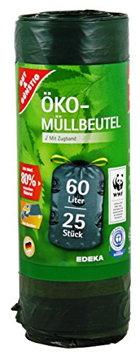 Öko Müllbeutel mit Zugband - 60 Liter - Besonders Reißfest & Flüssigkeitsdicht - "Blauer Engel" Zertifikat (1er Pack) von Gut & Günstig