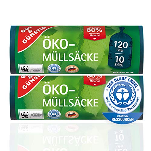 Gut & Günstig Öko Müllsäcke - 120 Liter (20 Stück) - Extra Reißfest & Flüssigkeitsdicht - 2er Pack (2 x 10 Stück) - Für Hauhalt, Büro und Garten - Blauer Engel Zertifikat von Gut & Günstig
