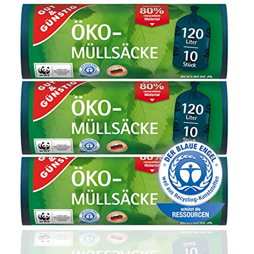 Gut & Günstig Öko Müllsäcke - 120 Liter (30 Stück) - Extra Reißfest & Flüssigkeitsdicht - 3er Pack (3 x 10 Stück) - Für Hauhalt, Büro und Garten - Blauer Engel Zertifikat von Gut & Günstig